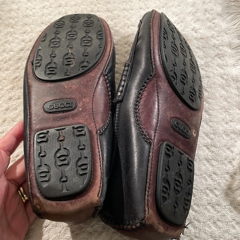 Gucci Horse Bit Driving Loafers Black & Brown Leather Protective Soles